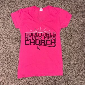 Pink y2k Eric Church  "Good Girls Never Miss Church" V-neck cotton tee